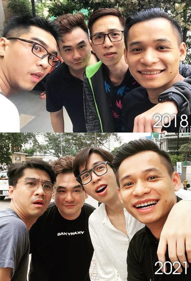 Cụ thể, trên fanpage của cả 4 người đều đồng loạt đăng tải tấm hình chụp chung theo phong cách "ngày ấy - bây giờ" nhân dịp Độ Mixi có việc phải bay vào trong TP. HCM.