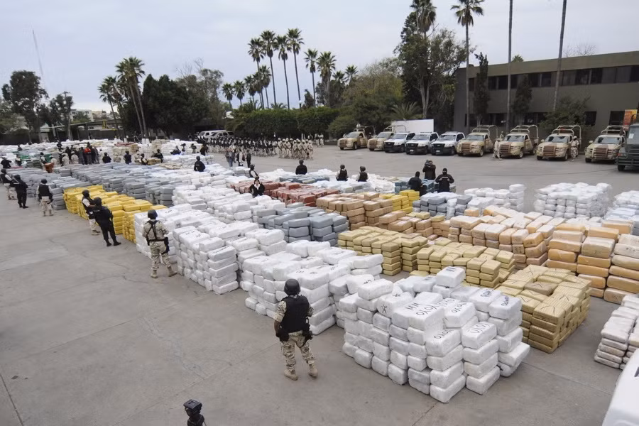 Lực lượng cảnh sát liên bang Mexico canh giữ hơn 105 tấn cần sa bị tịch thu ở thị trấn biên giới Tijuana ngày 18/10/2010.