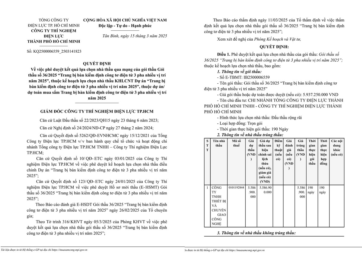 Cong ty Cong Nghe trung goi thau hon 5 ty tai Cong ty Thi nghiem dien luc TP HCM