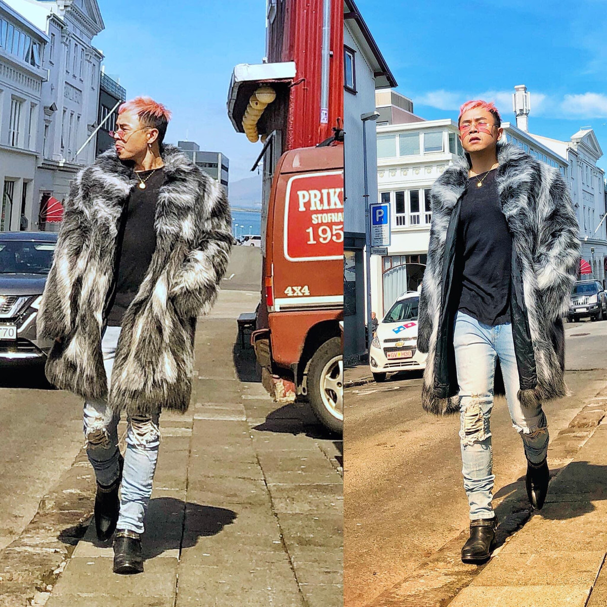 Phong cách đậm chất hiphop với jeans rách mix cùng áo lông bao chất.