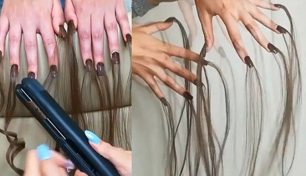 Rợn người trào lưu đính tóc vào móng tay nhìn thôi đã thấy vô cùng vướng víu.