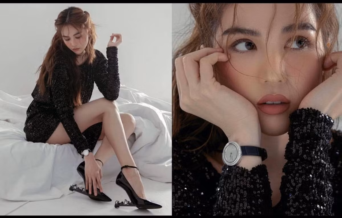 Váy sequin nổi bật kết hợp cùng chiếc đồng hồ từ thương hiệu Piaget.