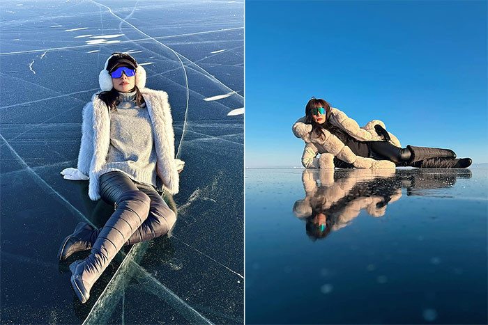 "... Ngồi chụp hình trên mặt hồ không cần chỉnh sửa hiệu ứng vẫn được những tấm hình như in bóng trên gương…lăn lộn chụp hình trên băng đá trong thời tiết -18oC một hồi xong người muốn đông lạnh…", Thúy Hạnh chia sẻ. (Ảnh: FB Thúy Hằng- Thúy Hạnh)