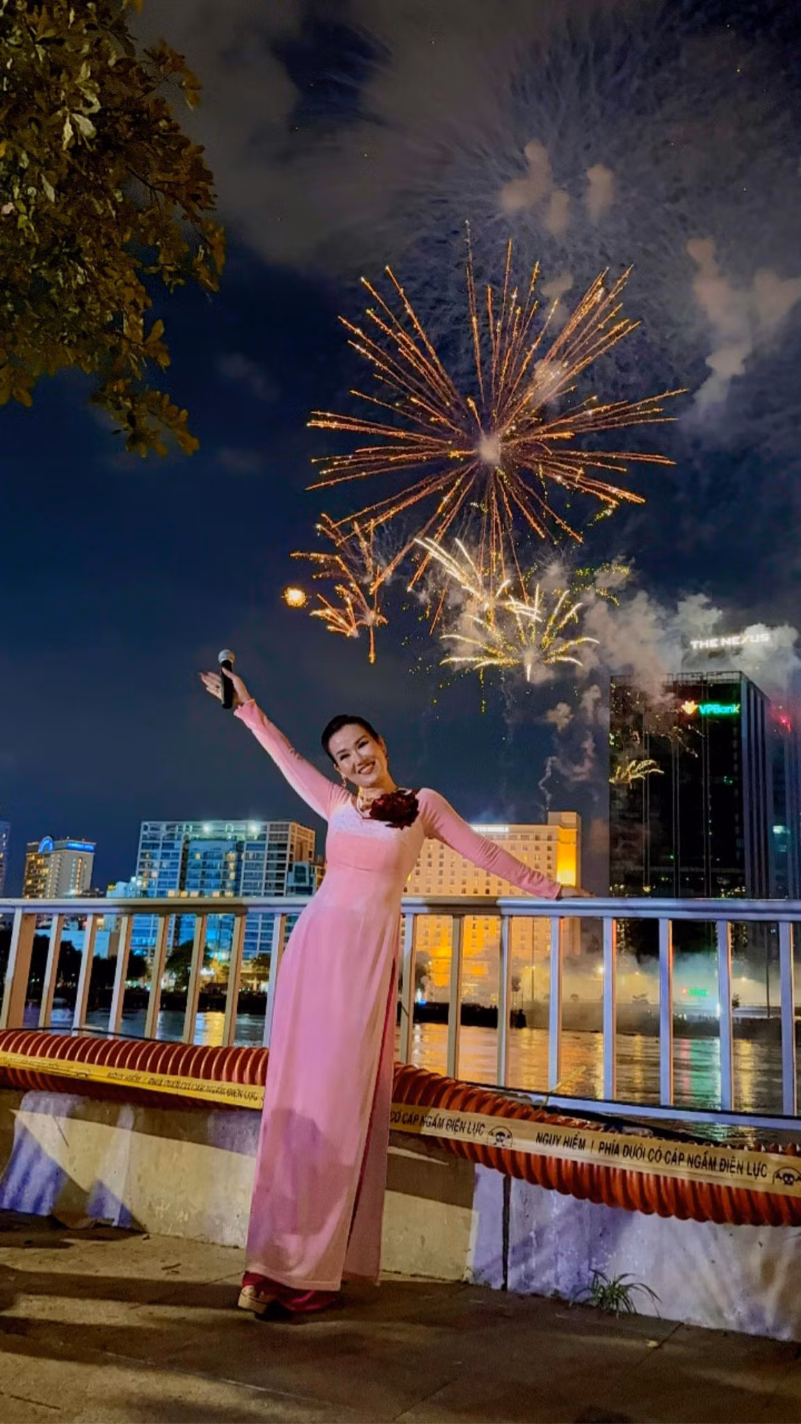 Ca sĩ Võ Hạ Trâm chụp ảnh với nền trời pháo hoa sáng rực. Ảnh: FB Võ Hạ Trâm