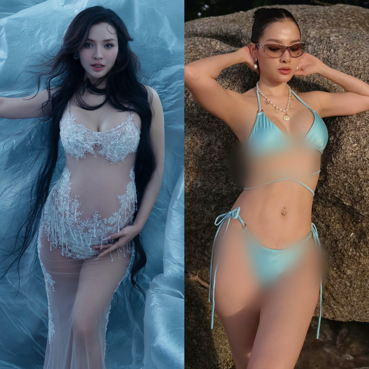 Đi kèm với đó là bức ảnh cô với vòng bụng bầu vượt mặt, tạo nên sự đối lập rõ rệt và làm nổi bật sự nỗ lực thay đổi vóc dáng của bà mẹ ba con. Ảnh: FB Phương Trinh Jolie