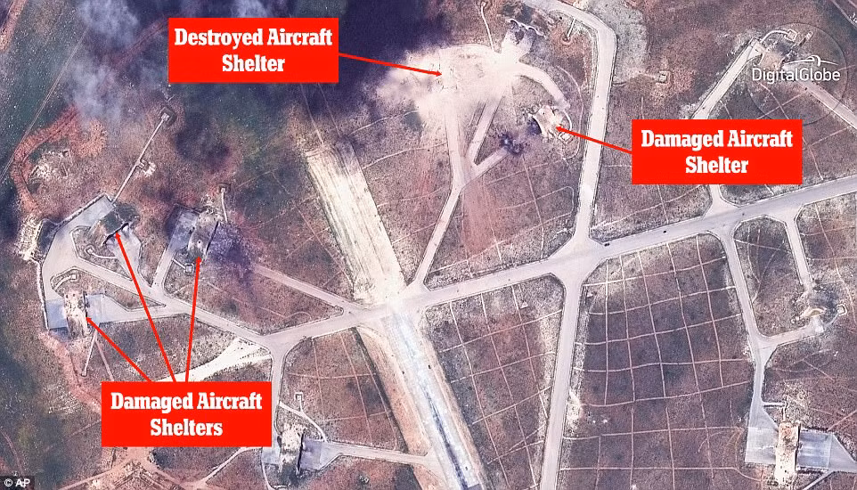 Theo tuyên bố của ông Trump, việc Mỹ không kích sân bay Shayrat là nhằm đáp trả vụ tấn công hóa học ở Idlib của Damascus trước đó. Ảnh: AP.