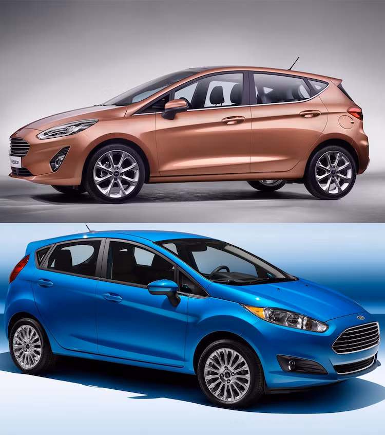 Từ hai bên thân xe, dù cho 2 thế hệ Ford Fiesta đều có "phom" giống nhau và cũng đều chia sẻ chung một số đường nét trên thân nhưng có thể thấy rằng phiên bản cũ trông "tròn trịa" hơn hẳn so với bản 2017. Trên thực tế, Fiesta 2017 có chiều dài lớn hơn tới 71 mm và chiều rộng lớn hơn 12 mm.