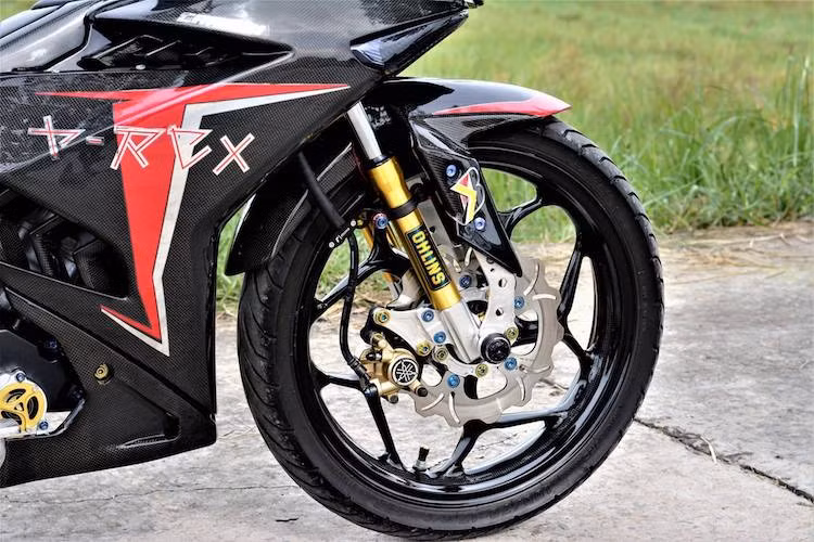 Không chỉ nổi bật bởi bộ vỏ carbon, chiếc xe còn được chủ nhân trang bị cho một loạt các chi tiết độ khác. Trong đó, "dàn chân" trước đã được nâng cấp với vỏ phuộc Combiz màu vàng đẹp mắt, đĩa hoa Apido và mâm Asio 5 cánh kép xoắn mạnh mẽ.