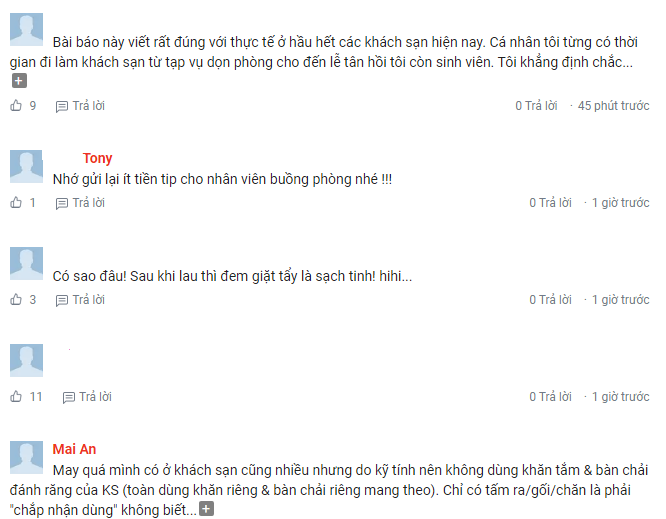 Đa phần các cư dân mạng đều tỏ ra phẫn nộ khi chứng kiến những hình ảnh này, độc giả Đ.H.H phẫn nộ: “Đọc xong bài này tự nhiên bụng cồn cào muốn nôn. Bấy lâu nay mỗi lần họ chuẩn bị dọn phòng và mình hay có thói quen để lại chút tiền tip rồi ra ngoài để người ta dọn. Vậy hoá ra…”. (Nguồn ảnh: Facebook)