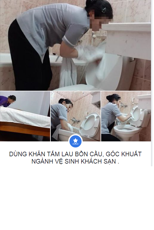 Theo thông tin mới nhất đăng trên báo Tuổi Trẻ, những chiếc khăn tắm trắng tinh khôi mọi người vẫn hay dùng trực tiếp trong sinh hoạt tại nhà nghỉ hầu hết đều được dùng để lau bồn cầu. Lau xong bồn cầu thì khăn tắm tiếp tục được dùng làm công cụ để lau tiếp ly súc miệng, lau gương, thành giường. (Nguồn ảnh: Facebook)