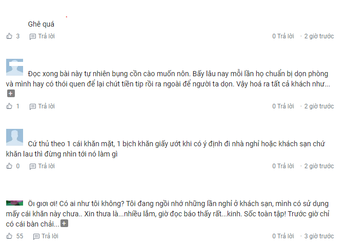Đồng tình với ý kiến trên, độc giả cũng ca than: “Ối giời ơi! Có ai như tôi không? Tôi đang ngồi nhớ những lần nghỉ ở khách sạn, mình có sử dụng mấy cái khăn này chưa.. Xin thưa là...nhiều lắm, giờ đọc báo thấy rất...kinh. Sốc toàn tập! Trước giờ chỉ có cái bàn chải...”. (Nguồn ảnh: Facebook)