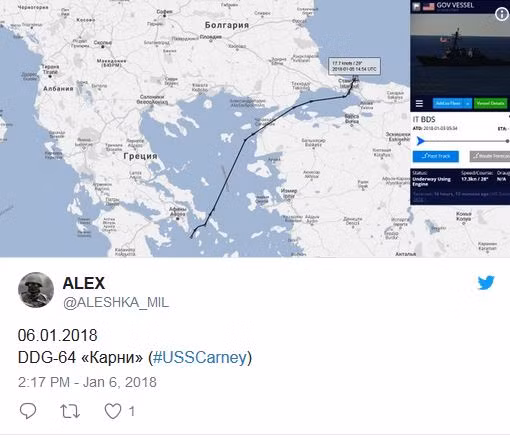 Chi tiết hành trình tiến vào biển Đen của khu trục hạm USS Carney. Nguồn ảnh: Twitter.