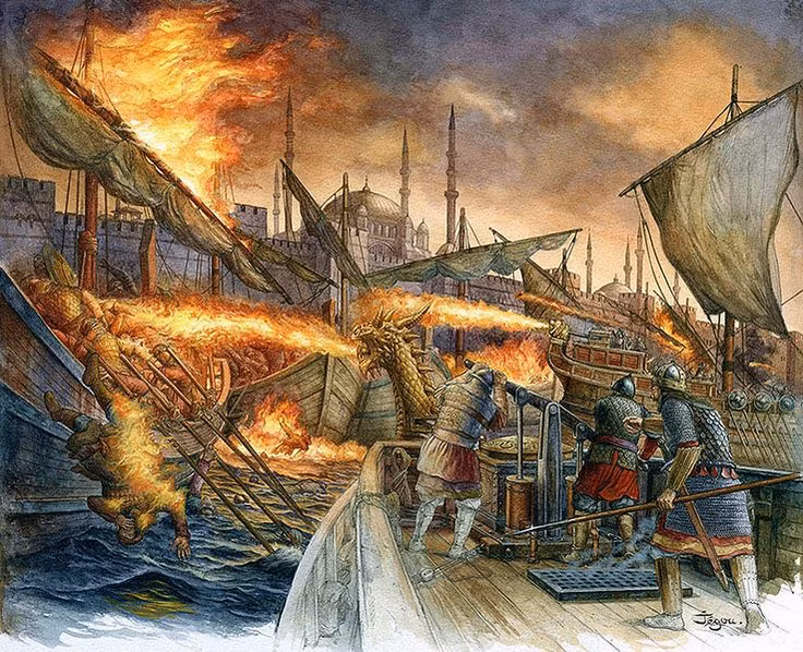 Một hình vẽ chi tiết hơn về hỏa khí Hy Lạp được phụt ra từ đầu tàu từ các đầu rồng được trạm trổ cực kỳ tỉ mỷ và hùng dũng. Loại hỏa lực này được cho là sẽ khiến tàu của đối phương bốc cháy hoàn toàn chỉ trong ít phút. Nguồn ảnh: Pinterest.