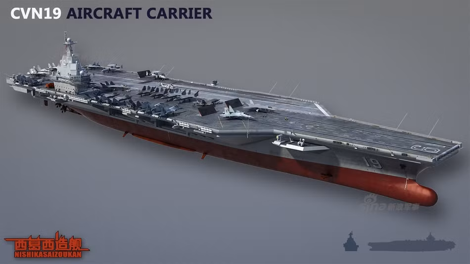 Trong hình dựng mô phỏng, có thể thấy tàu sân bay mới này của Trung Quốc sẽ có tới 4 hệ thống phóng máy bay, tương đương với việc phóng được nhiều máy bay cùng một lúc. Nguồn ảnh: Sina.