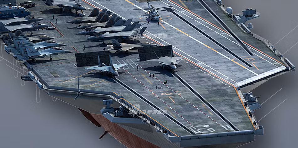 Cận cảnh các rãnh với đường phóng máy bay cho phép tàu sân bay tiếp theo của Trung Quốc có thể cất cánh được nhiều máy bay cùng lúc. Nguồn ảnh: Sina.
