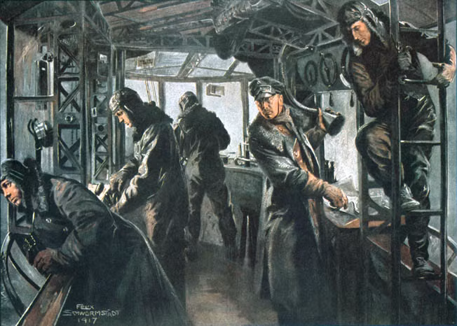 Tranh minh họa hoạt động của phi hành đoàn bên trong các khí cầu Zeppelin. Nguồn ảnh: Warfare.