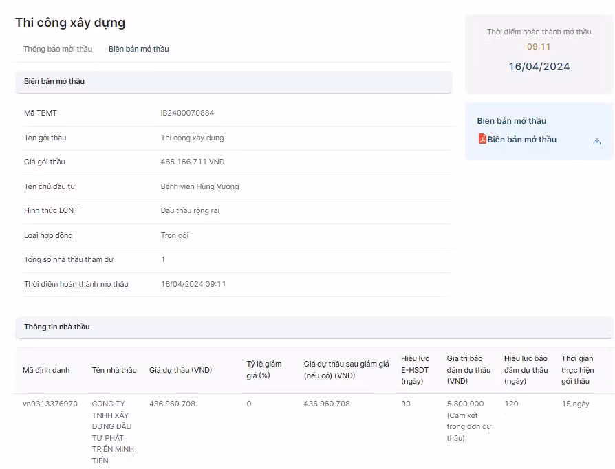 TPHCM: Cong ty Minh Tien co trung goi thau tai Benh vien Hung Vuong?