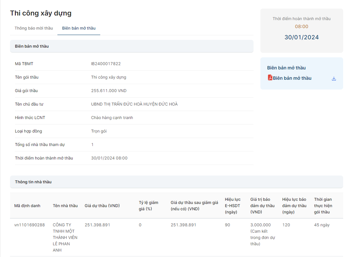 Duy nhất Cty Lê Phan Anh dự gói thầu của UBND thị trấn Đức Hòa Duy nhat Cty Le Phan Anh du goi thau cua UBND thi tran Duc Hoa