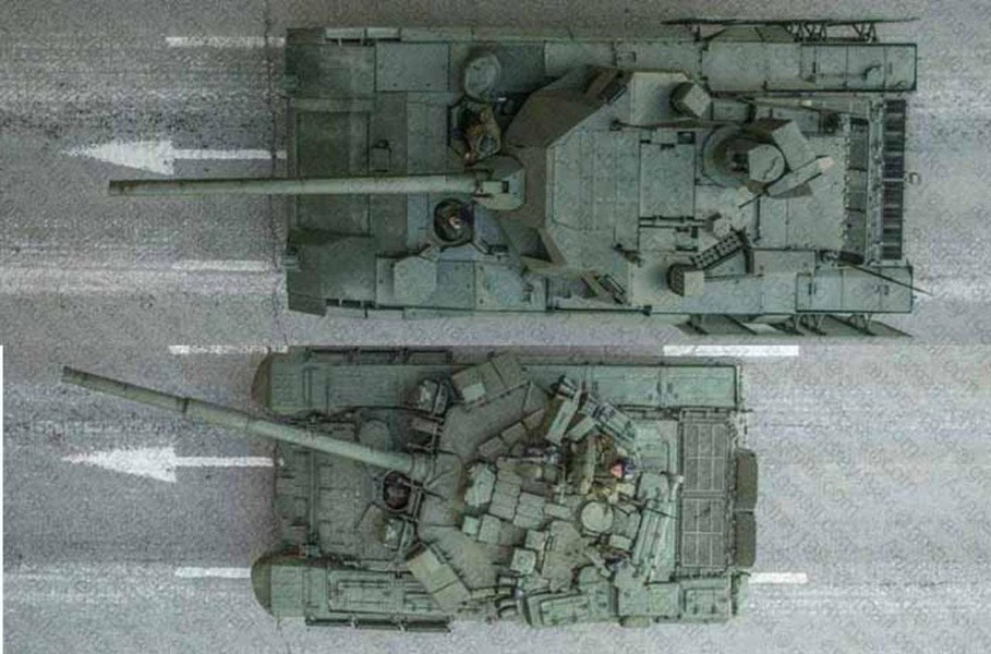 Nga chỉ chịu thay đổi điều này khi xe tăng T-14 ra đời. Nhìn vào hình có thể thấy, xe tăng T-14 (phía trên) lớn hơn rất nhiều so với xe tăng T-90.