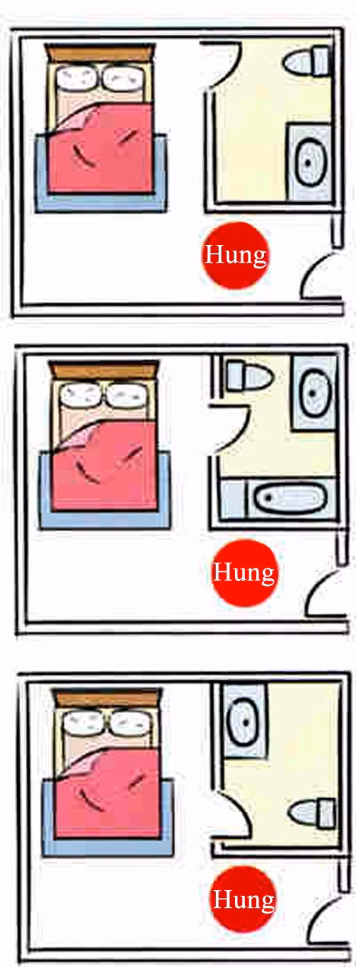 3. Cửa phòng tắm/nhà vệ sinh đối diện giường ngủ Trường hợp này còn xấu hơn so với trường hợp 1 là cửa phòng ngủ đối diện cửa phòng tắm/nhà vệ sinh. Nó sẽ gây ra chứng đau đầu nghiêm trọng, làm giảm sự tập trung, giảm khả năng suy nghĩ cho chủ nhân căn phòng. Nếu vấn đề rắc rối này không được giải quyết trong một thời gian dài, nó có thể dẫn đến bệnh ung thư và nhiều loại bệnh tật khác. Do đó, bạn cần thay đổi cách bố trí nội thất trong phòng ngủ, đặc biệt là vị trí kê giường ngủ càng nhanh càng tốt.