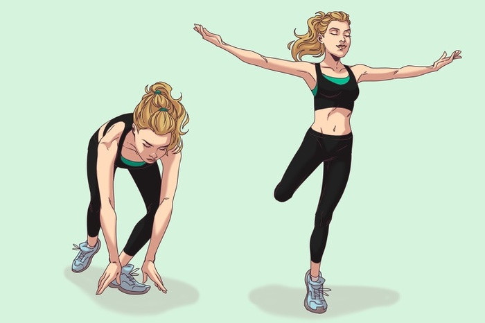 10. Chùng chân kết hợp ba lê - Lùi lại một bước và cúi xuống. - Khi đứng thẳng, nâng hai cánh tay lên trên đầu và nâng chân ra sau lưng. Giữ nguyên tư thế này trong một giây. - Làm 2 lần mỗi chân 8 bước