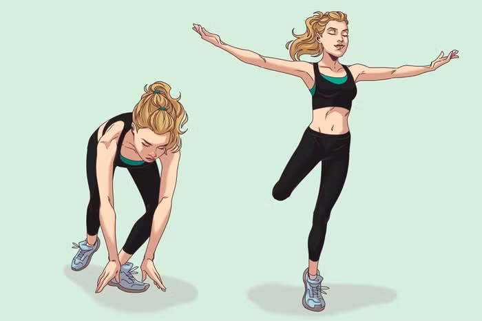 10. Chùng chân kết hợp ba lê - Lùi lại một bước và cúi xuống. - Khi đứng thẳng, nâng hai cánh tay lên trên đầu và nâng chân ra sau lưng. Giữ nguyên tư thế này trong một giây. - Làm 2 lần mỗi chân 8 bước