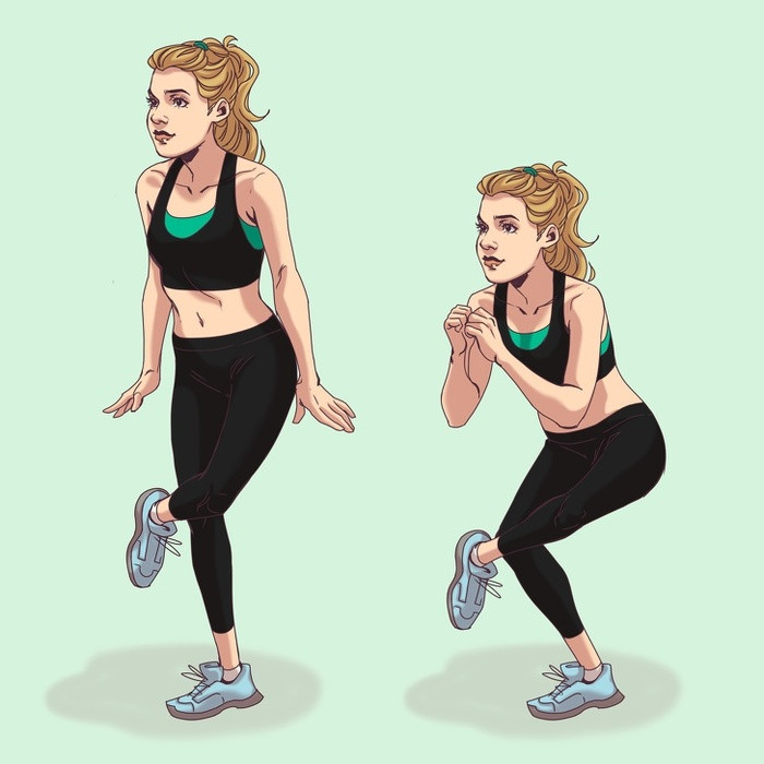 1. Squats gác chân - Đứng thẳng, hai tay để hai song song cơ thể. Gác một chân lên đầu gối chân còn lại, lúc này cơ thể trong tư thế ngồi xổm. - Lưu ý, không đổ người về phía trước, giữ thẳng lưng để làm căng cơ mông. - Mỗi chân thực hiện 15 lần.