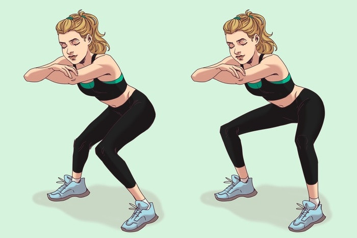 9. Squat mở gối - Thực hiện động tác squat, đẩy mông về phía sau và khép đầu gối lại - Sau đó, mở rộng đầu gối càng tốt. Hãy chắc chắn rằng bàn chân đặt trên sàn và rộng hơn một chút so với chiều rộng hông. - Thực hiện bài tập này trong 30 giây.