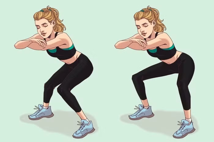 9. Squat mở gối - Thực hiện động tác squat, đẩy mông về phía sau và khép đầu gối lại - Sau đó, mở rộng đầu gối càng tốt. Hãy chắc chắn rằng bàn chân đặt trên sàn và rộng hơn một chút so với chiều rộng hông. - Thực hiện bài tập này trong 30 giây.