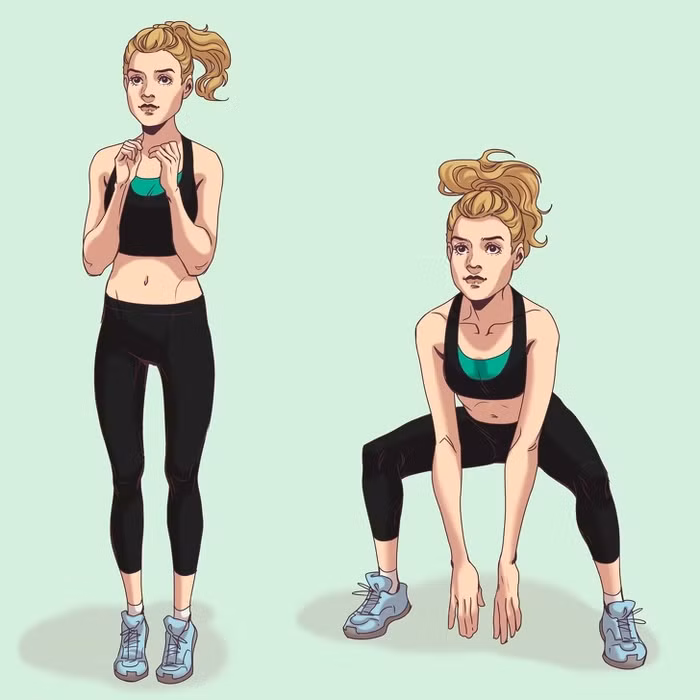 3. Bật nhảy squat - Đứng thẳng và gặp khuỷu tay về phía trước. - Nhảy lên và hạ người ở tư thế ngồi xổm sâu, dùng tay chạm sàn. Giữ lưng thẳng. - Thực hiện 20 lần.