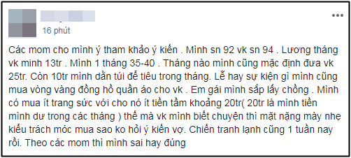 Bài viết được anh chồng T.N chia sẻ trên mạng xã hội.