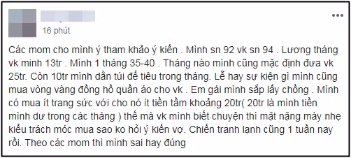 Bài viết được anh chồng T.N chia sẻ trên mạng xã hội.