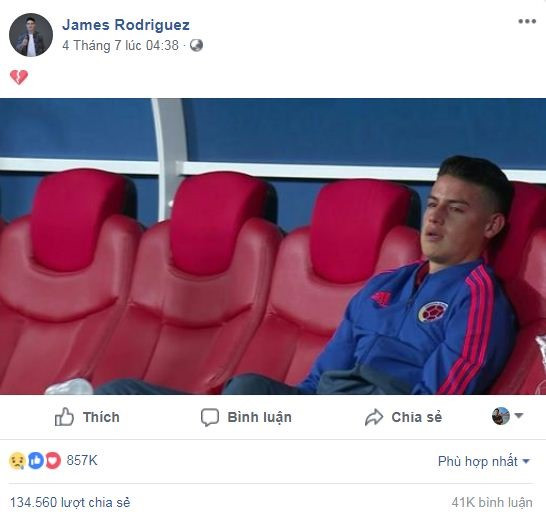 Khoảnh khắc chia tay World Cup trong bất lực của James Rodriguez được rất nhiều người quan tâm.