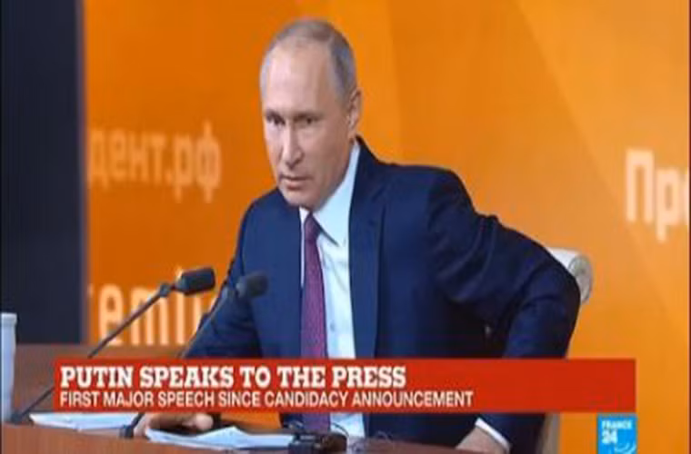 Tại cuộc họp báo, Tổng thống Putin tuyên bố sẽ ra tranh cử với tư cách ứng viên độc lập trong cuộc bầu cử Tổng thống Nga năm 2018. Ảnh: EBL News.