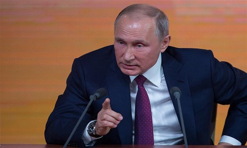 Tổng thống Putin phát biểu tại cuộc họp báo thường niên ở Moscow, Nga, hôm 14/12. Ảnh: THX.