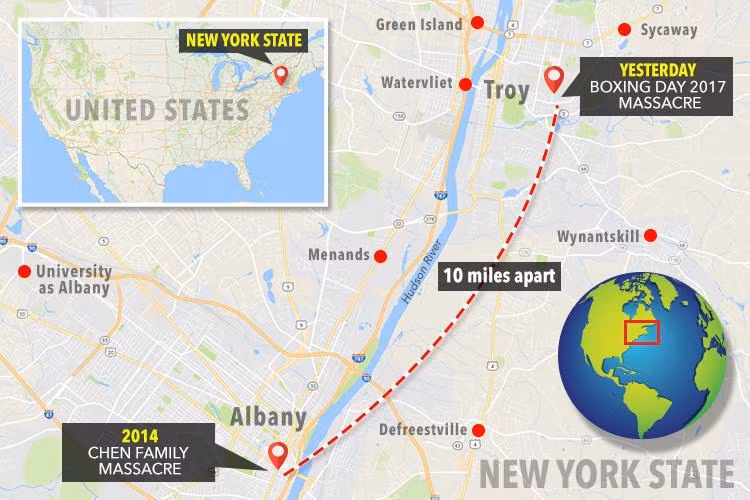 Hiện trường hai vụ thảm sát ở New York cách nhau không xa. Ảnh: The Sun.