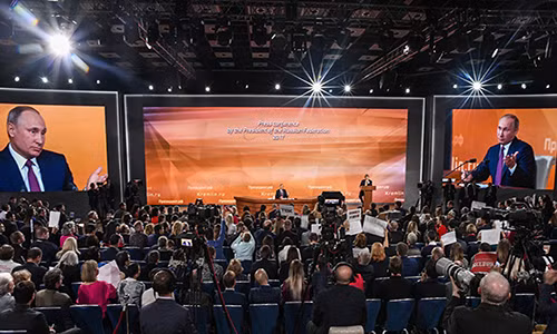 Vào 12h ngày 14/12 (giờ địa phương), Tổng thống Nga Vladimir Putin đã tổ chức cuộc họp báo lớn thường niên lần thứ 13. Ảnh: Sputnik.