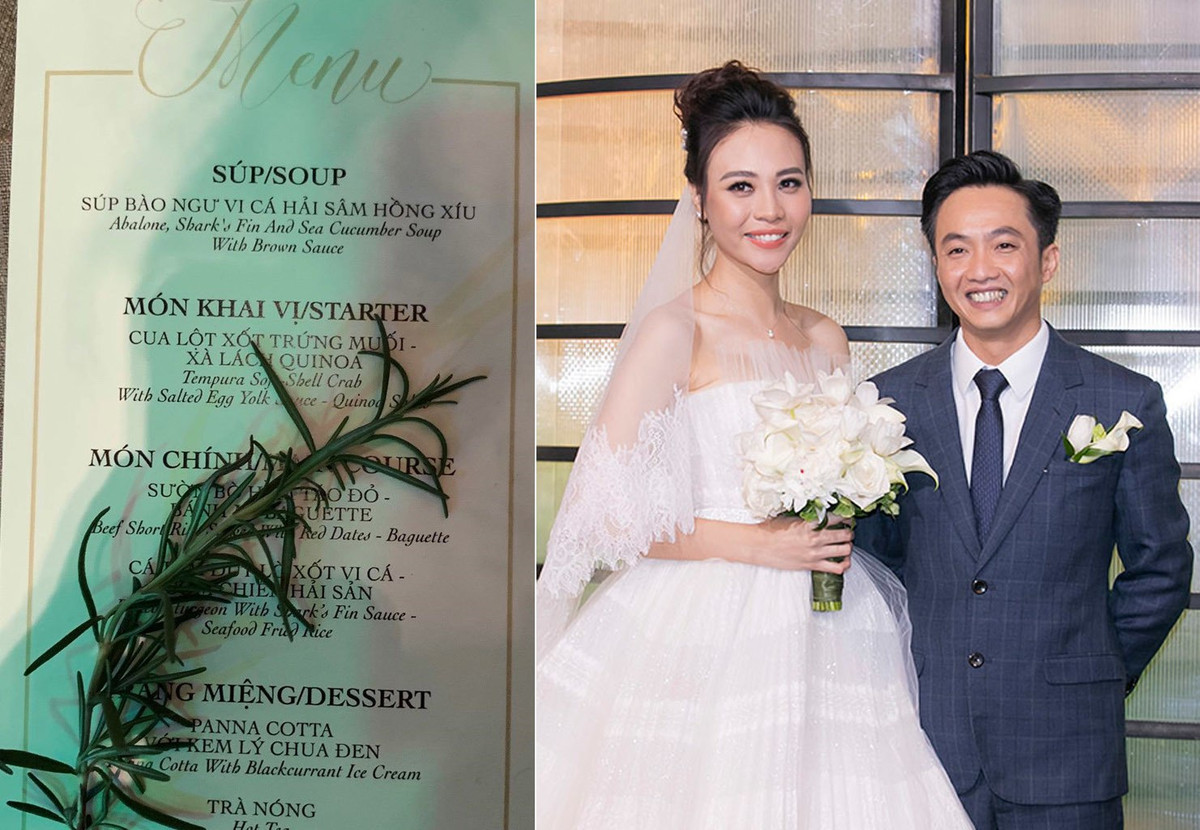 Hai vợ chồng Đàm Thu Trang và Cường Đô La lựa chọn thực đơn tiệc cưới gồm nhiều món đắt đỏ, cầu kỳ, kết hợp Đông - Tây để phục vụ khách mời và người thân, bạn bè. Thực đơn gồm 4 món mặn, một món tráng miệng, kèm trà nóng. Nguyên liệu chế biến đều thuộc loại thực phẩm xa xỉ như bào ngư vi cá, cua, cá tầm...