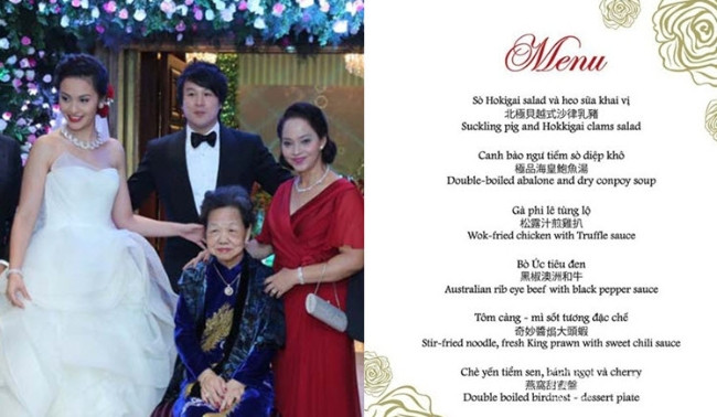 Thực đơn trong đám cưới của nhạc sĩ Thanh Bùi được đánh giá là đắt đỏ và sang trọng với những món như chè yến tiềm sen, tôm càng mì sốt tương đặc chế, bò Úc tiêu đen, gà phi lê tùng lộ, canh bào ngư tiềm sò điệp khô…