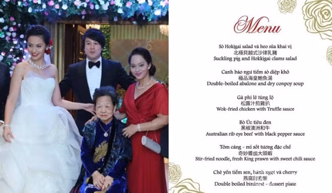 Thực đơn trong đám cưới của nhạc sĩ Thanh Bùi được đánh giá là đắt đỏ và sang trọng với những món như chè yến tiềm sen, tôm càng mì sốt tương đặc chế, bò Úc tiêu đen, gà phi lê tùng lộ, canh bào ngư tiềm sò điệp khô…