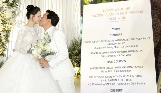  Thực đơn tiệc cưới toàn “sơn hào hải vị” của cặp đôi Trường Giang - Nhã Phương cũng là điều nhiều người chú ý. 