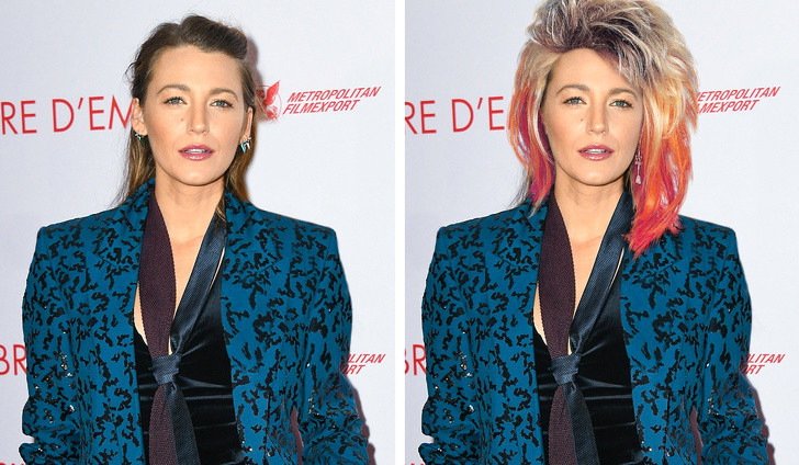 Blake Lively trông khác lạ với kiểu tóc bồng đôi nhuộm đỏ rực.