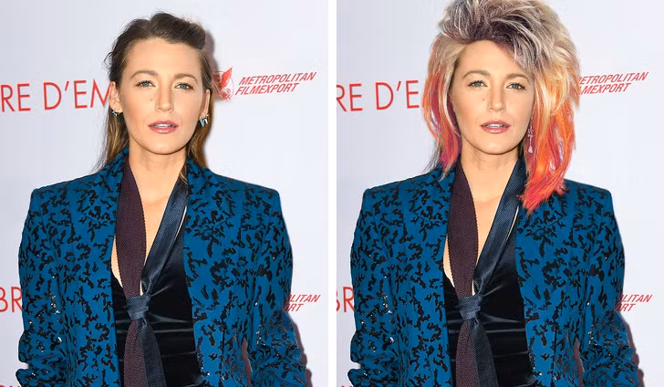 Blake Lively trông khác lạ với kiểu tóc bồng đôi nhuộm đỏ rực.