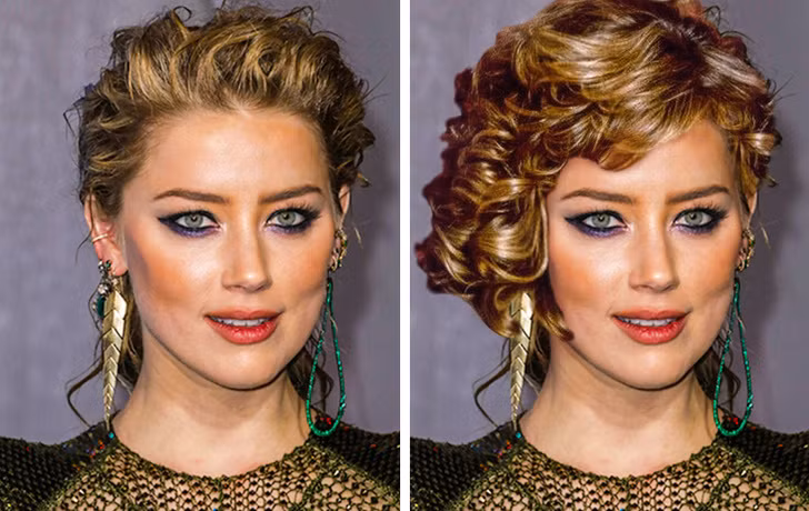 Amber Heard trông dịu dàng hơn nhờ kiểu tóc bồng xoăn màu sáng.