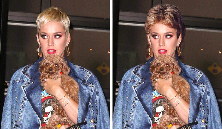 Katy Perry trông lạ lẫm với kiểu tóc ngắn bổ ngôi giữa. Ảnh: BS.