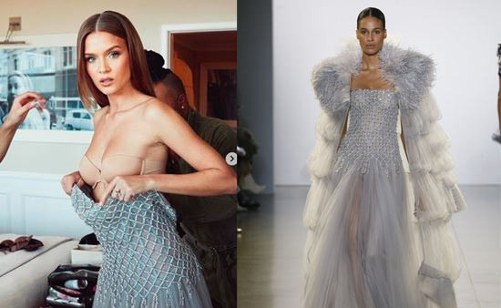 Thiết kế với gam màu nhẹ nhàng, phần thân trên được đính kết theo lưới mắt cá định hình phom dáng và thân dưới bồng bềnh, nữ tính hơn nhờ chất liệu voan mỏng.