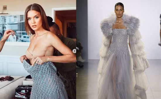 Thiết kế với gam màu nhẹ nhàng, phần thân trên được đính kết theo lưới mắt cá định hình phom dáng và thân dưới bồng bềnh, nữ tính hơn nhờ chất liệu voan mỏng.