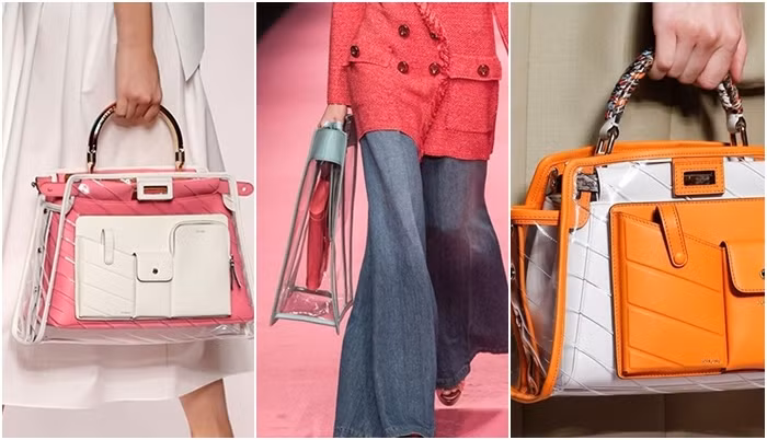 Túi xách trong suốt giúp các tín đồ thời trang dễ dàng khoe được những món đồ nổi bật bên trong, như một thỏi son, ví đựng tiền hay chai nước hoa kiểu dáng độc đáo.