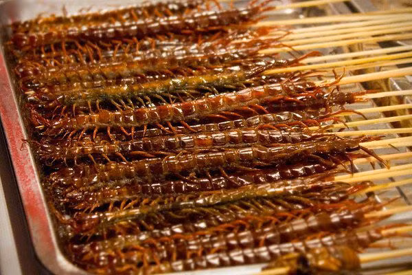 Rết nướng là một món ăn nổi tiếng trong các khu phố ẩm thực đêm ở Bắc Kinh, Trung Quốc.
