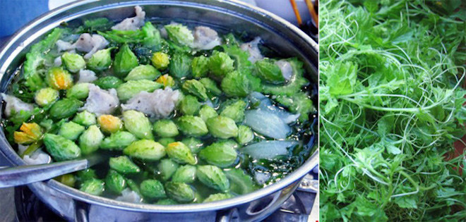 Lẩu lá khổ qua rừng: Khổ qua rừng rất phổ biến ở Long Khánh. Người dân nơi đây thường dùng lá khổ qua rừng để nấu lẩu cá, lẩu sườn non hay tôm khô đều rất ngon.